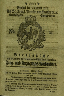 Breslausche auf das Interesse der Commerzien der Schles. Lande eingerichtete Frag- und Anzeigungs-Nachrichten. 1817, No. 40 (6 October) + dod.