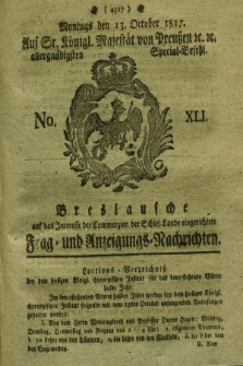 Breslausche auf das Interesse der Commerzien der Schles. Lande eingerichtete Frag- und Anzeigungs-Nachrichten. 1817, No. 41 (13 October) + dod.