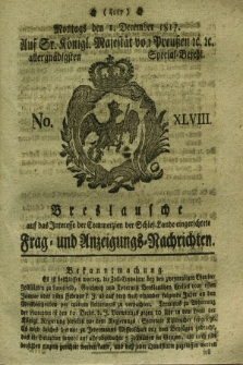 Breslausche auf das Interesse der Commerzien der Schles. Lande eingerichtete Frag- und Anzeigungs-Nachrichten. 1817, No. 48 (1 December) + dod.