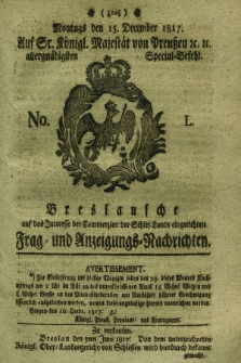 Breslausche auf das Interesse der Commerzien der Schles. Lande eingerichtete Frag- und Anzeigungs-Nachrichten. 1817, No. 50 (15 December) + dod.