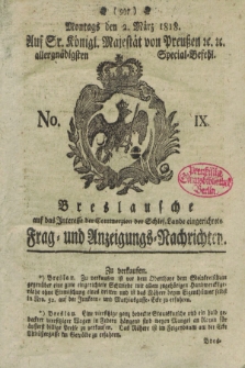 Breslausche auf das Interesse der Commerzien der Schles. Lande eingerichtete Frag- und Anzeigungs-Nachrichten. 1818, No. 9 (2 März) + dod.