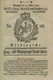 Breslausche auf das Interesse der Commerzien der Schles. Lande eingerichtete Frag- und Anzeigungs-Nachrichten. 1819, No. 13 (29 März) + dod.