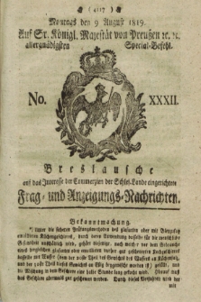 Breslausche auf das Interesse der Commerzien der Schles. Lande eingerichtete Frag- und Anzeigungs-Nachrichten. 1819, No. 32 (9 August) + dod.