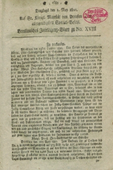 Breslausche auf das Interesse der Commerzien der Schles. Lande eingerichtete Frag- und Anzeigungs-Nachrichten. 1821, [dodatek do] No. 18 (1 May) + dod.