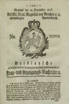 Breslausche auf das Interesse der Commerzien der Schles. Lande eingerichtete Frag- und Anzeigungs-Nachrichten. 1826, No. 38 (18 September) + dod.
