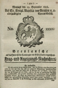 Breslausche auf das Interesse der Commerzien der Schles. Lande eingerichtete Frag- und Anzeigungs-Nachrichten. 1828, No. 39 (29 September) + dod.