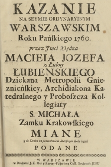 Kazanie Na Seymie Ordynaryinym Warszawskim Roku Pańskiego 1760