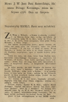 Mowa J. W. Jmci Pana Rzewuskiego Hetmana Polnego Koronnego miana na Seymie Dnia 28. Sierpnia 1776