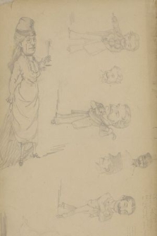 [Osiem karykaturalnych szkiców: mężczyzny grającego na skrzypcach, na lutni, trzech głów wąsatych mężczyzn, jednego mężczyzny z założonymi rękami, jednej damy z kieliszkiem oraz jednej sylwetki kobiety]