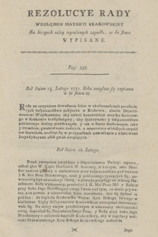 Rezolucye Rady Względem Materyi Krakowskiey Na Sessyach niżey wyrażonych zapadłe, co do słowa Wypisane