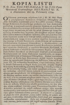 Kopia Listu J. O. Xcia JMci Prymasa do J. W. JMci Pana Woiewody Krakowskiego Hetmana W. K. z Skierniewic die 25. Februarij 1754