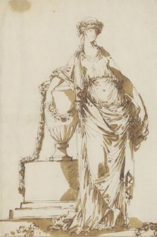[Rysunek kobiety w stroju antycznym, z wiankiem na głowie wspartej o wazon z girlandą]