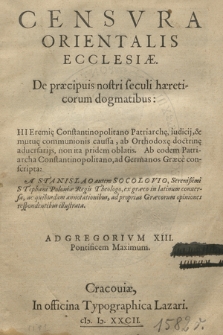 Censvra Orientalis Ecclesiæ : De præcipuis nostri seculi hæreticorum dogmatibus