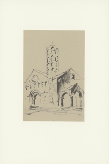 [Rysunek włoskiego romańskiego kościoła z wieloboczną wieżą]