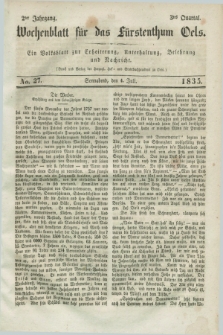 Wochenblatt für das Fürstenthum Oels : ein Volksblatt zur Erheiterung, Unterhaltung, Belehrung und Nachricht. Jg.2, No. 27 (4 Juli 1835)