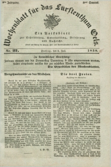 Wochenblatt für das Fürstenthum Oels : ein Volksblatt zur Erheiterung, Unterhaltung, Belehrung und Nachricht. Jg.5, No. 27 (6 Juli 1838) + dod.