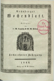 Gruenberger Wochenblatt. Jg.16, Inhalts=Verzeichniß (1840)