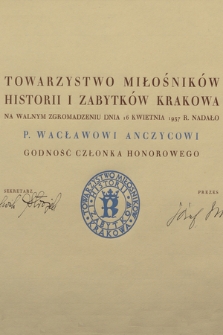 Dyplom członka honorowego Towarzystwa Miłośników Historii i Zabytków Krakowa dla Wacława Anczyca