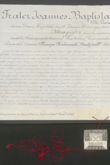 Dokument zakonu joannitów dotyczący przyjęcia księcia Ferdynanda Radziwiłła do grona honorowych rycerzy zakonu