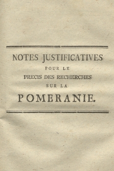 Notes Justificatives Pour Le Precis Des Recherches Sur La Pomeranie