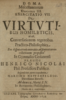 De Virtvtibus Homileticis, id est, Conversationem regentibus