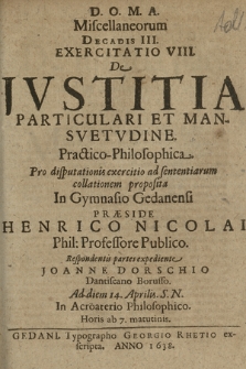 De Jvstitia Particulari Et Mansvetvdine