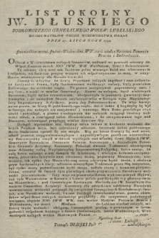 List Okolny JW. Dłuskiego Podkomorzego Generalnego Woiew. Lubelskiego Do Obywatelow Tegoz Woiewodztwa Pisany Dnia 27. Lipca Roku 1792