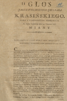 Głos Jasnie Wielmoznego Jmci Pana Krasinskiego Posła Z Woiewodztwa Podolskiego Na Sessyi Seymowey dnia 4. Grudnia 1788. Miany