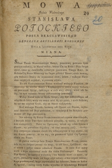 Mowa Jaśnie Wielmożnego Stanisława Potockiego Posła Bracławskiego Generała Artylleryi Koronney Dnia 5. Listopada 1788. Roku Miana