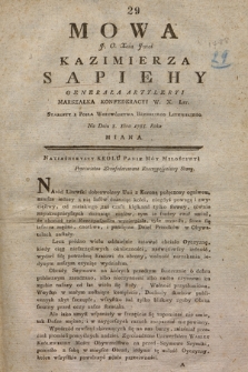 Mowa J.O. Xcia Jmci Kazimierza Sapiehy Generała Artyleryi [...] Na Dniu 8. 8bra 1788. Roku Miana
