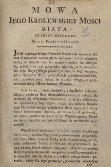 Mowa Jego Krolewskiey Mosci Miana Na Sessyi Seymowey Dnia 7. Października 1788