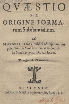 Qvæstio De Origine Formarum Substantialium