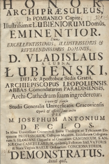 Honor Archipræsuleus, In Pomianeo Capite, Illustrissimæ Łubieniorum Domus, Eminentior