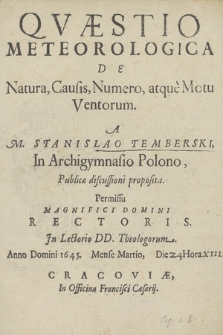 Qvæstio Meteorologica De Natura, Causis, Numero, atque Motu Ventorum