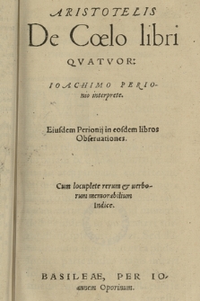 Aristotelis De Cœlo libri Qvatvor