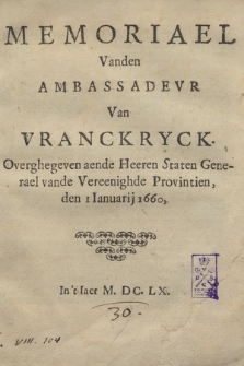 Memoriael Vanden Ambassadevr Van Vranckryck