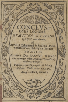 Conclvsiones Logicæ Qvæstiones Categoriarvm determinantes / Ab Adamo Schwartzrock [...] propositæ & defensæ. A. [...] M DC XXX IX. Mense Die Hora