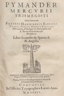 Pymander Mercvrii Trismegisti. Lib. 2, De Spiritu S. & Angelis