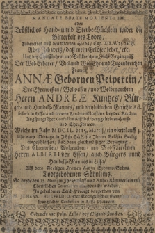 Manuale Beate Morientium oder Tröstliches Hand