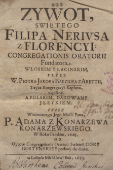 Zywot Swiętego Filipa Nerivsa z Florencyi: Congregationis Oratorii Fundatora
