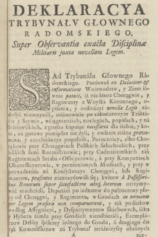 Deklaracya Trybvnałv Głownego Radomskiego, : Super Observantia exacta Discipline Militaris juxta novellam Legem