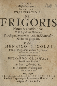 De Frigoris Natura & constitutione Philosophica & Historica