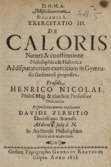 De Caloris Natura & constitutione Philosophica & Historica