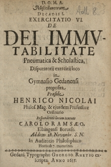 De Dei Immvtabilitate Pneumatica & Scholastica