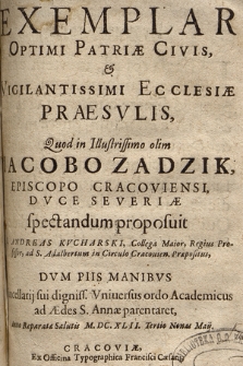 Exemplar Optimi Patriæ Civis & Vigilantissimi Ecclesiæ Praesvlis