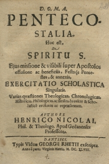 Pentecostalia : Hoc est, De Spiritu S[ancto] [...] Exercitatio Scholastica Singularis [...]