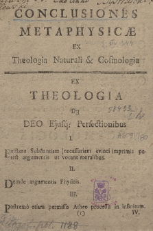 Conclusiones Metaphysicæ Ex Theologia Naturali & Cosmologia