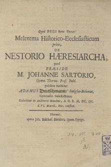 Meletema Historico-Ecclesiasticum prius, De Nestorio Hæresiarcha