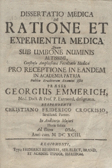 Dissertatio Medica De Ratione Et Experientia Medica