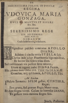 De Serenissima Polon: Et Sveciæ Regina Lvdovica Maria Gonzaga, Dvce De Mantva Et Nivers &c. &c. quando una cum Serenissimo Rege XIX Septembris Anno M DC LI. Gedanvm Cœlo sudissimo ingrediebatur